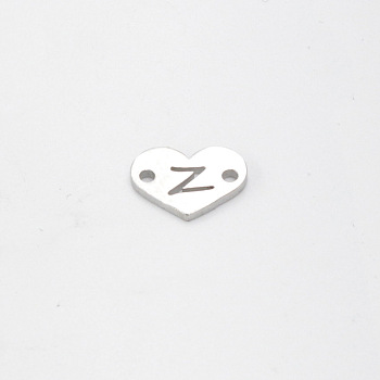 304 Stainless Steel Links, Heart with Letter, Stainless Steel Color, Letter.Z, 9x12x1mm, Hole: 1.2mm