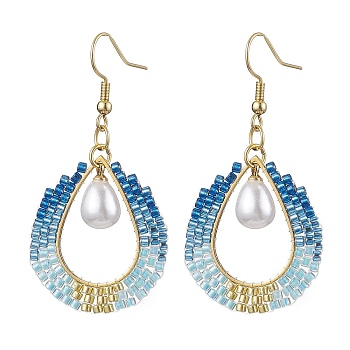 Teardrop ABS Plastic Imitation Pearl & Glass Seed Beads Dangle Earrings, 304 Stainless Steel Jewelry for Women, Golden, Dodger Blue, 54.5x27mm