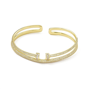 Clear Cubic Zirconia Half Round Open Cuff Bangle, Rack Plating Brass Double Line Bangle for Women, Cadmium Free & Lead Free, Real 18K Gold Plated, Inner Diameter: 2-3/8 inch(6cm)