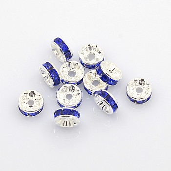 Brass Rhinestone Spacer Beads, Grade A, Silver Color Plated, Rondelle, Blue, Size: about 8mm in diameter, 3.5mm thick, hole: 2mm