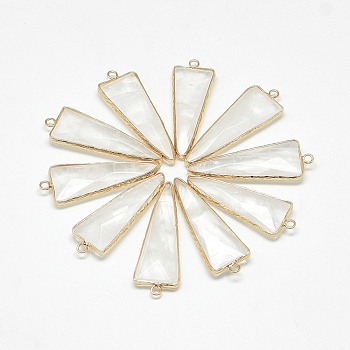 Natural Quartz Crystal Pendants, Rock Crystal, with Golden Tone Brass Findings, Faceted, Triangle, 46x16~17x6~7mm, Hole: 2mm