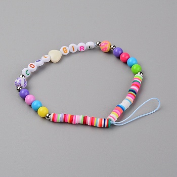 Polymer Clay Heishi Beaded Mobile Straps, with Acrylic Beads, Word Cool Girl, Mixed Color, 16.7cm