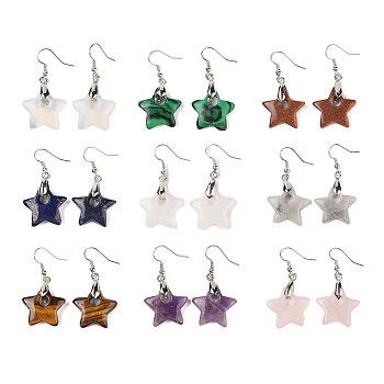 Natural & Synthetic Mixed Stone Dangle Earrings, with Rack Plating Brass Earring Hooks, Lead Free & Cadmium Free, Star, 44x22.5mm