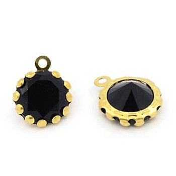 Brass Resin Rhinestone Pendants, Faceted, Flat Round, Golden Metal Color, Black, 13x11x6mm, Hole: 1mm