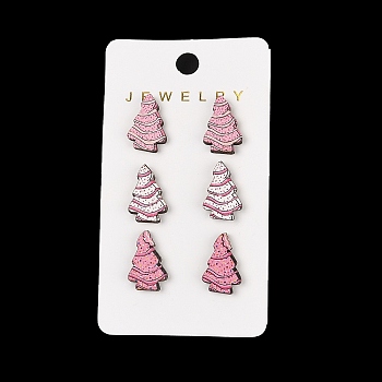 Wood Stud Steel Needle Earrings, Christmas Tree, Pink, 17.5x11.5mm