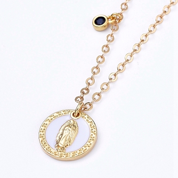 Pendant Necklaces, Virgencita Necklaces, with Cubic Zirconia Charms, Flat Round with Virgin Mary Brass Pendant, Shell, Golden, 15.9 inch(40.5cm)