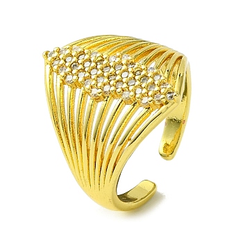 Brass Micro Pave Cubic Zirconia Open Cuff Rings, Multi Lines Wide Band Rings, Real 16K Gold Plated, US Size 6 3/4(17.1mm)