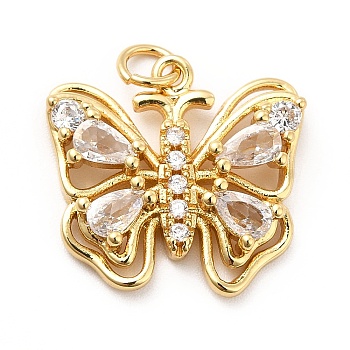 Rack Plating Brass Cubic Zirconia Pendants, Hollow Butterfly Charm, Long-Lasting Plated, with Jump Rings, Cadmium Free & Lead Free, Real 18K Gold Plated, 18.5x19x4.5mm, Hole: 3mm