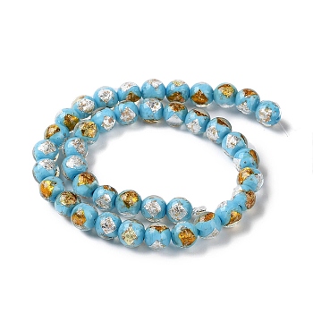 Handmade Gold & Silver Foil Lampwork Beads, Round, Light Sky Blue, 10~10.5mm, Hole: 1.6~1.8mm, about 40pcs/strand, 14.57 inch(37cm)