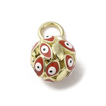 Brass Enamel Charms, with Jump Ring, Real 18K Gold Plated, Round with Evil Eye Charm, FireBrick, 12.5x10mm, Hole: 3.6mm