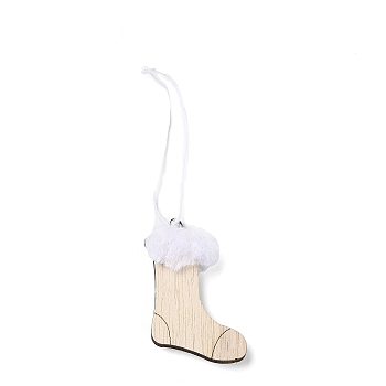 Christmas Unfinished Wood Pendant Decorations, Wall Decorations, with Burlap Ropes & Iron Loops, Christmas Socking, 11cm