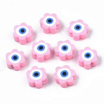 Handmade Polymer Clay Beads, Flower with Evil Eye, Pearl Pink, 9x9x4.5mm, Hole: 1.8mm