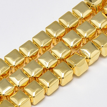 Electroplate Non-magnetic Synthetic Hematite Beads Strands, Cube, Golden Plated, 6x6x6mm, Hole: 2mm, about 70pcs/strand, 16.1 inch