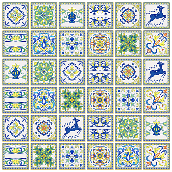 Waterproof PVC Tile Stickers, for Kitchen Bathroom Waterprrof Wall Tiles, Square with Flower Pattern, Green, 100x100mm, 12 style, 3pcs/style, 36pcs/set
