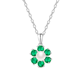 SHEGRACE Elegant Rhodium Plated 925 Sterling Silver Pendant Necklace, Micro Pave AAA Cubic Zirconia Flower Pendant, with Freshwater Pearl, Sea Green, 17.7 inch