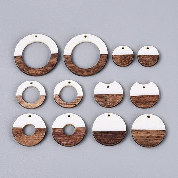 12Pcs 6 Styles Opaque Resin & Walnut Wood Pendants, Round Charms, Floral White, 18~38x18~38x2.5~4mm, Hole: 2mm, about 6 Styles