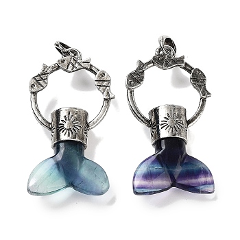Natural Colorful Fluorite Whale Tail Big Pendants, Rack Plating Antique Silver Plated Alloy Fish Ring Charms, Cadmium Free & Lead Free, 56~57x29x12.5~13mm, Hole: 6.5x6mm