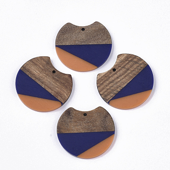 Two Tone Resin & Walnut Wood Pendants, Gap Flat Round, Dark Blue, 33~34x37x3~4mm, Hole: 1.8~2mm