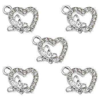 Alloy Rhinestone Pendants, Platinum Tone Hollow Out Heart with Butterfly Charms, Crystal, 17.5x16.5x3.3mm, Hole: 2.7mm