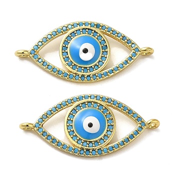 Rack Plating Brass Micro Pave Cubic Zirconia Connector Charms, Eye Links with Evil Eye Enamel, Long-Lasting Plated, Lead Free & Cadmium Free, Real 18K Gold Plated, Sky Blue, 13x28x3mm, Hole: 1.4mm