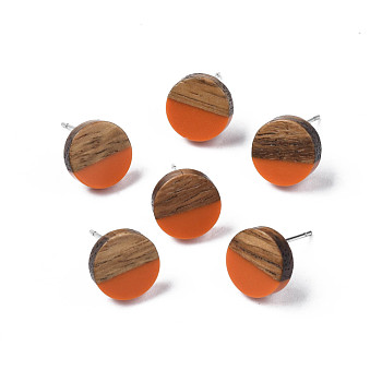 Opaque Resin & Walnut Wood Stud Earrings, with 316 Stainless Steel Pins, Flat Round, Dark Orange, 10mm, Pin: 0.7mm