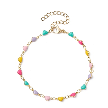 Real 18K Gold Plated Brass Enamel Heart Link Chain Bracelets, Colorful, 7-1/2 inch(19cm)