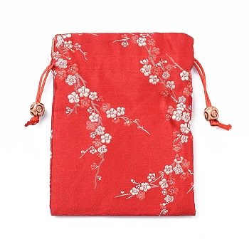 Silk Packing Pouches, Drawstring Bags, with Wood Beads, Red, 14.7~15x10.9~11.9cm