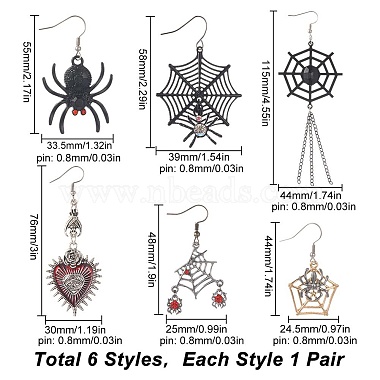 6 Pairs 6 Styles Halloween Spider Web & Heart with Evil Eye Alloy Enamel Dangle Earrings for Women(EJEW-SC0001-37)-2