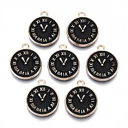Light Gold Plated Alloy Double Side Enamel Pendants, Cadmium Free & Lead Free, Flat Round with Clock & Roman Numerals, Black, 17x14x2mm, Hole: 1.6mm(X-ENAM-Q033-11B-A-RS)