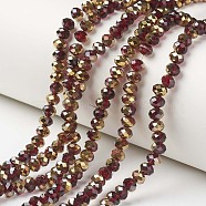 Electroplate Transparent Glass Beads Strands, Half Golden Plated, Faceted, Rondelle, Dark Red, 3.5x3mm, Hole: 0.4mm, about 123~127pcs/strand, 13.7~14.1 inch(35~36cm)(EGLA-A034-T3mm-O04)