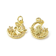 Brass Micro Pave Cubic Zirconia Pendants, with Jump Ring, Moon with Unicorn Charm, Golden, 15.5x13x2.5mm, Hole: 3mm(KK-E068-VB016)