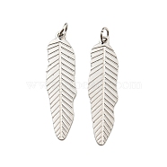 304 Stainless Steel Pendants, with Jump Ring, Feather Charm, Stainless Steel Color, 27.5x7x0.5mm, Hole: 2.5mm(STAS-O003-07P)