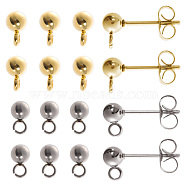 40Pcs 2 Style 304 Stainless Steel Ball Post Stud Earring Findings, with Loops & 316 Surgical Stainless Steel Pin & 40Pcs Ear Nuts, Golden & Stainless Steel Color, 15x7x4mm, Hole: 1.8mm, Pin: 0.7mm, 10Pcs/style(STAS-SC0005-25)