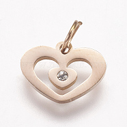 316 Surgical Stainless Steel Hollow Charms, with Rhinestone, Heart, Rose Gold, 9x12x1.5mm, Hole: 3.5mm(KK-I612-01RG)