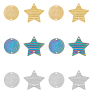 24Pcs 6 Styles 304 Stainless Steel Connector Charms, Flat Round & Striped Star Links, Mixed Color, 20~25.5x27x1mm, Hole: 1.5~1.6mm, 4pcs/style(STAS-DC0014-28)
