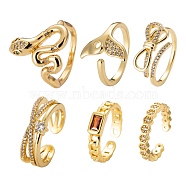 6Pcs 6 Styles Adjustable Brass Micro Pave Clear Cubic Zirconia Cuff Rings, Open Rings, Long-Lasting Plated, Snake & Fishtail & X Ring & Hexagon & Curb Chain Shape & Bowknot, Real 18K Gold Plated, Inner Diameter: 16.5~18mm, 1pc/style(RJEW-LS0001-21G)