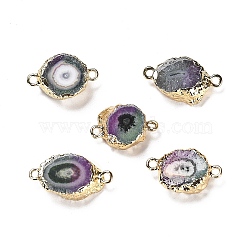Natural Dyed Druzy Agate Nuggets Connector Charms, with Rack Plating Light Gold Plated Brass Edge, Cadmium Free & Lead Free, 18.5~23x11~13x5~6mm, Hole: 1.6~1.8mm(G-F763-01KCG)