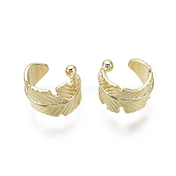 Brass Cuff Earrings, Feather,  Nickel Free, Real 18K Gold Plated, 8.5x9mm(X-EJEW-R114-018-NF)