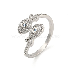 Brass Micro Pave Cubic Zirconia Cuff Finger Rings, Fish, Platinum, Inner Diameter: 18mm(RJEW-H225-02P)