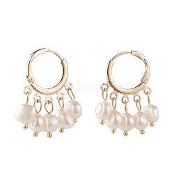 Natural Pearl Dangle Hoop Earrings, Brass Jewelry for Women, Golden, White, 29x18.5x8mm, Pin: 0.8mm(EJEW-JE04794-02)