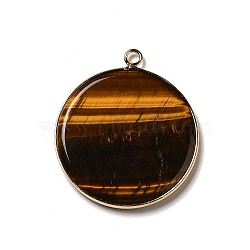 Natural Tiger Eye Pendants, Flat Round Charms, with Golden Plated Brass Frame, 35x31x3~3.5mm, Hole: 2.5mm(G-A213-01G-09)