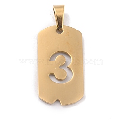Ion Plating(IP) 304 Stainless Steel Pendants, Manual Polishing, Rectangle with Number, Golden, Num.3, 27.5x14.5x1.5mm, Hole: 3.5mm(STAS-O127-D03)