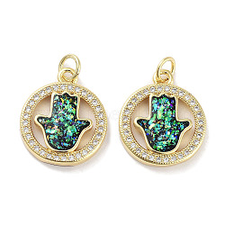 Brass Micro Pave Clear Cubic Zirconia Pendants, with Synthetic Opal and Jump Rings, Real 18K Gold Plated, Hamsa Hand Charms, Black, 18x15.5x3mm, Hole: 3mm(KK-L213-039G-01)