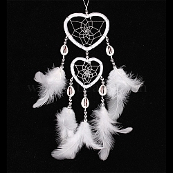 Heart Woven Web/Net with Feather Wall Hanging Decorations, with Iron Ring, for Home Bedroom Decorations, White, 350~400mm(PW-WG99519-01)