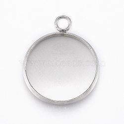 304 Stainless Steel Pendant Cabochon Settings, Flat Round, Stainless Steel Color, Tray: 16mm, 21.5x18x2mm, Hole: 2.2mm(STAS-E146-18P-16mm)