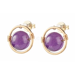 Natural Amethyst Round Beads Stud Earrings for Girl Women, Wire Wrap Brass Earring, Golden, 12.5x12mm, Pin: 0.7mm(X-EJEW-JE04666-02)