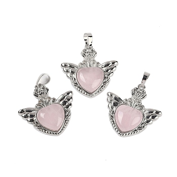 Natural Rose Quartz Pendants, with Rack Plating Brass Findings, Platinum, Cadmium Free & Lead Free, Heart, 33x32.5x6.5mm, Hole: 5x8mm