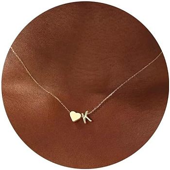 Simple Style Adjustable 316L Surgical Stainless Steel Heart and Initial Pendant Necklaces for Women, Real 14K Gold Plated, Letter K, 16.93 inch(43cm)