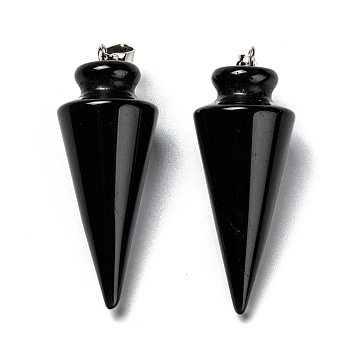 Natural Obsidian Pendants, with Platinum Brass Findings, Cone, 40~44x15~16mm, Hole: 3x7mm