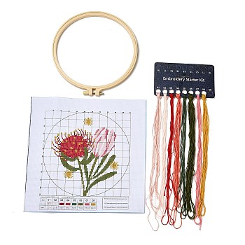 Flower DIY Cross Stitch Beginner Kits, Stamped Cross Stitch Kit, Including Printed Fabric, Embroidery Thread & Needles, Embroidery Hoop, Instructions, 0.3~0.4mm, 8 colors